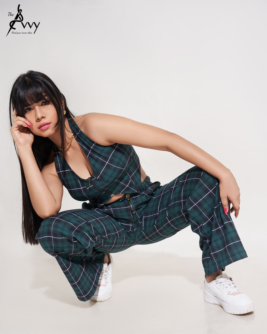Checkered Backless Halter Top and Pleated pant Set