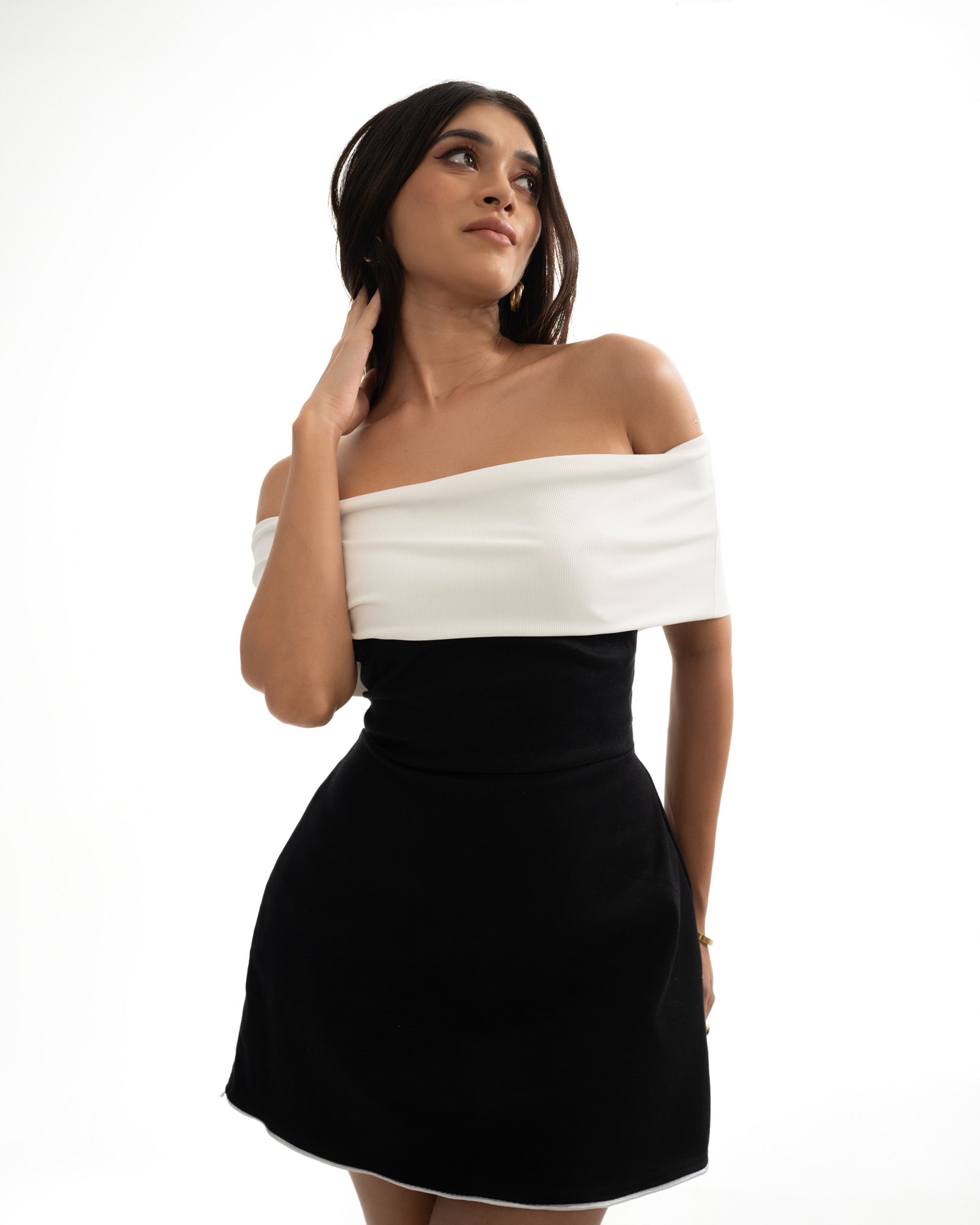 Monochrome Elegance Off-Shoulder Mini Dress