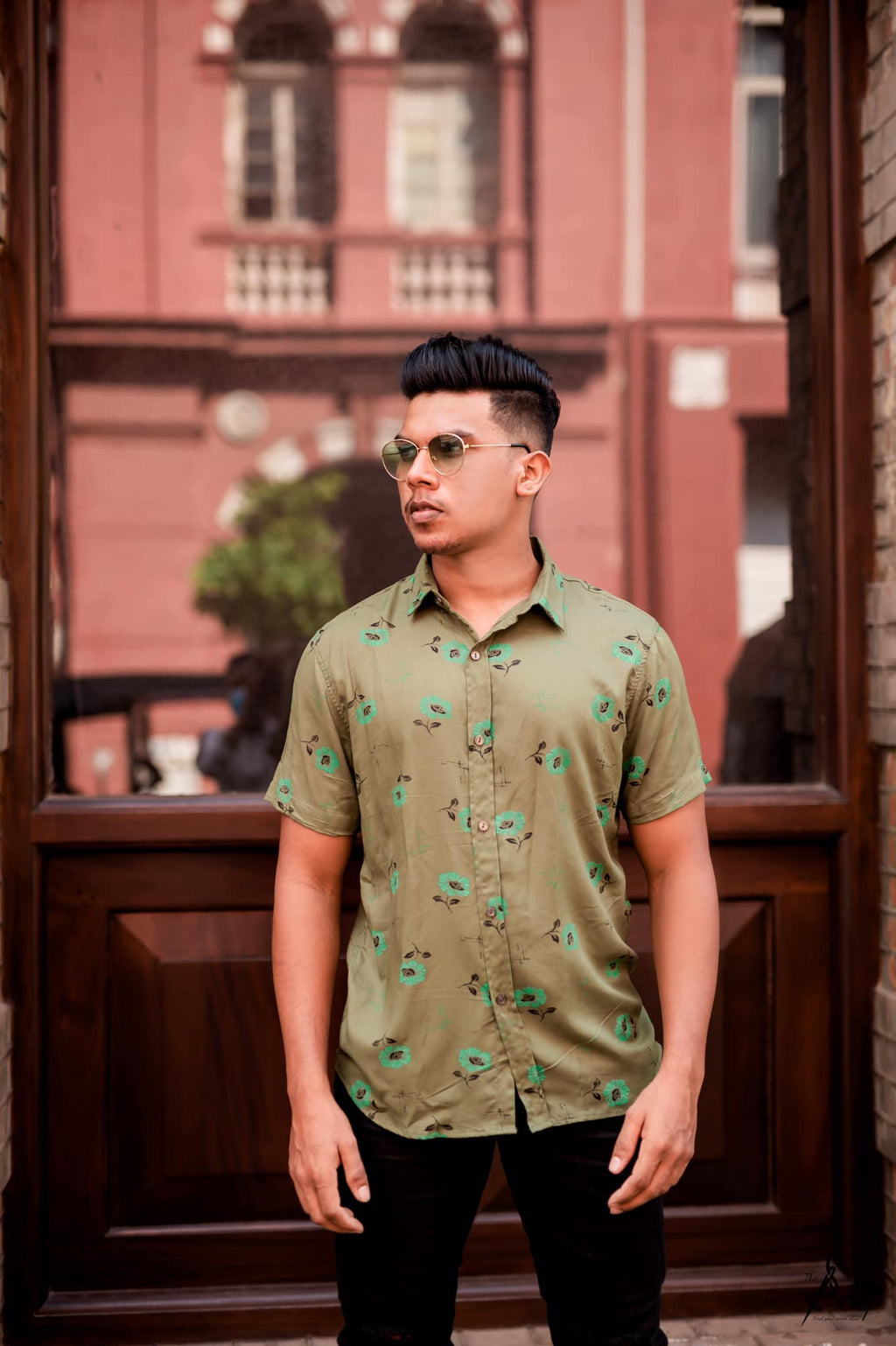 Moss Flower Print Button Front Shirt - Unisex