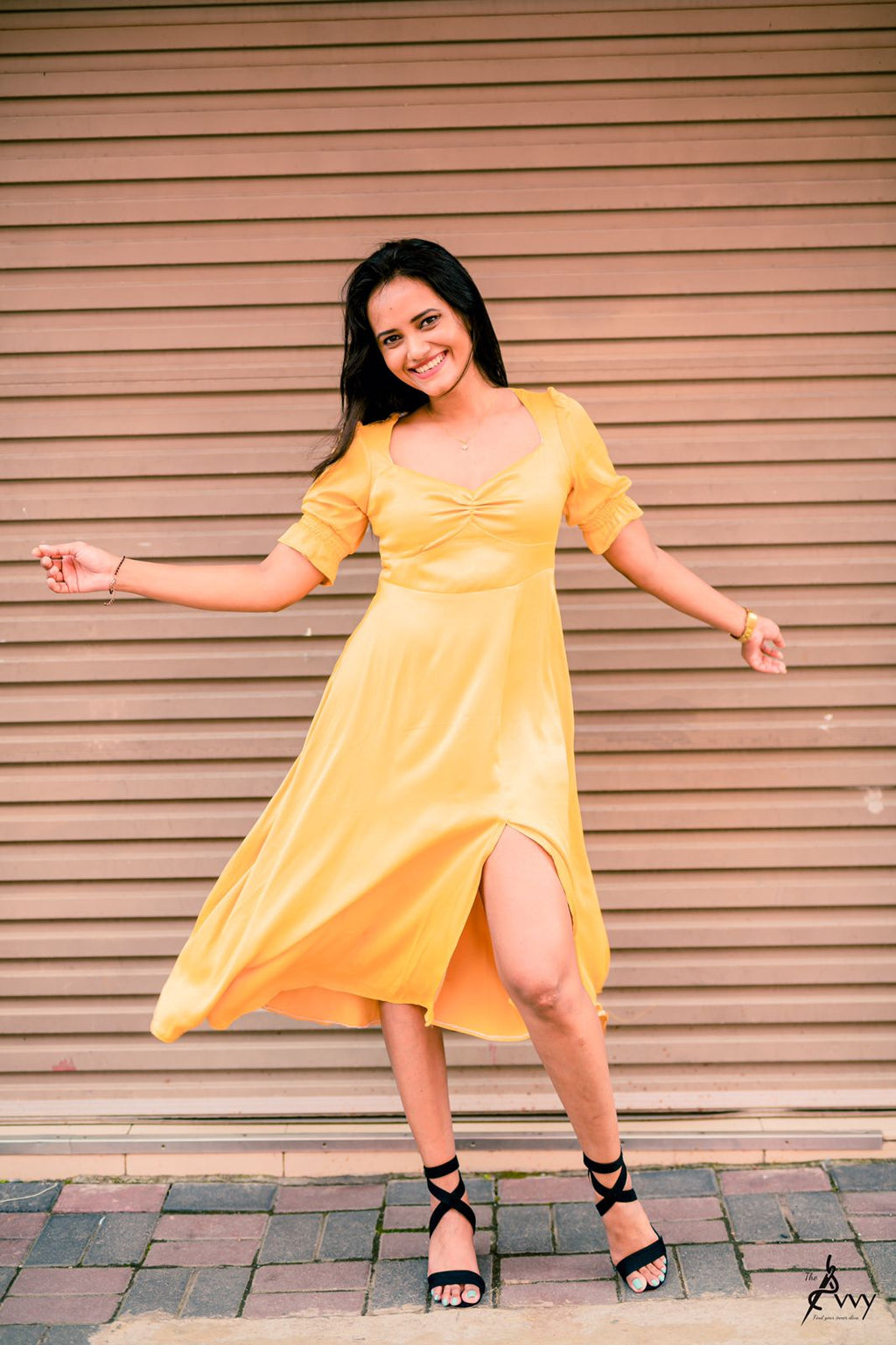Sweetheart Front Puff Sleeve Mustard Slit Dress