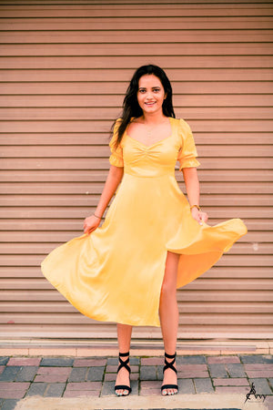 Sweetheart Front Puff Sleeve Mustard Slit Dress