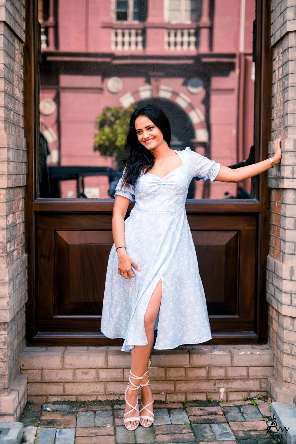 Sweetheart Front Puff Sleeve Blue Floral Slit Dress