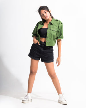 Hunter Green Drop Shoulder Crop Shirt