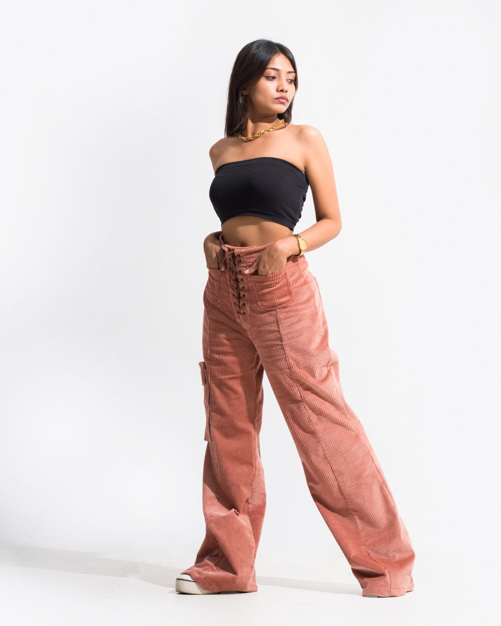 French Pink Evie Courdroy Loop up Pant
