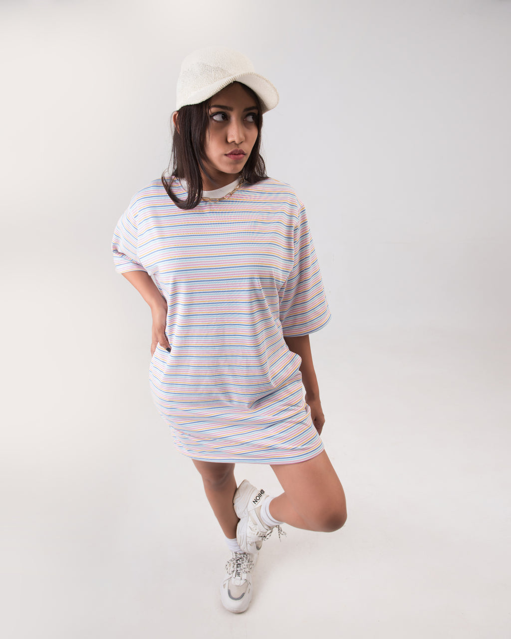 Rainbow Glitzy Striped Drop Shoulder Tee Dress