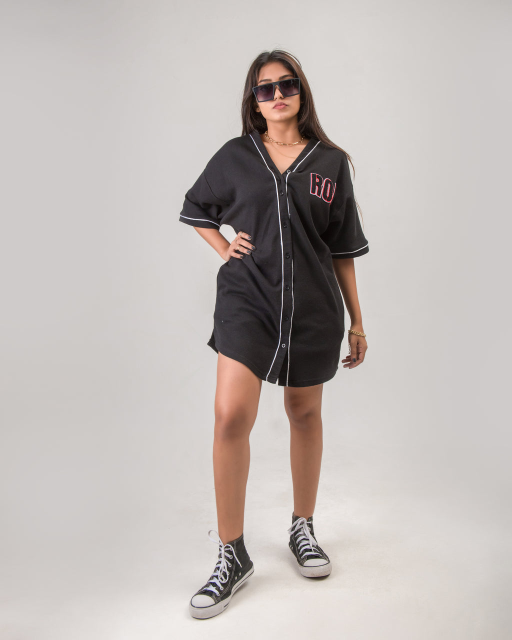 Real Or Fake Button Front Drop Shoulder Dress